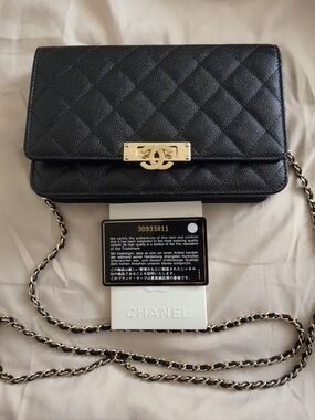 CHANEL Black Quilted Caviar Golden Class Wallet On Chain